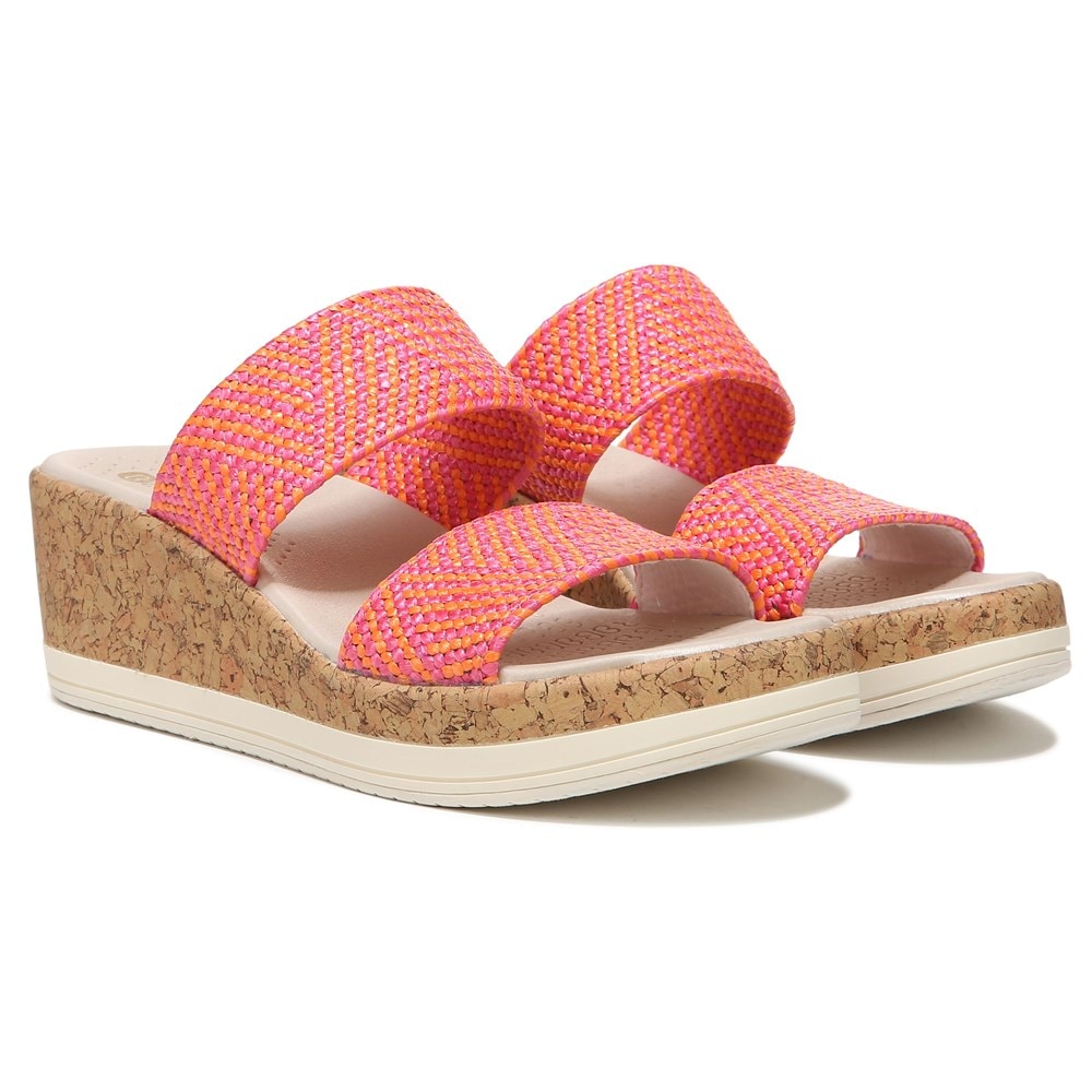 Bzees Resort Wedge Sandal - Pink Orange Raffia Fabric